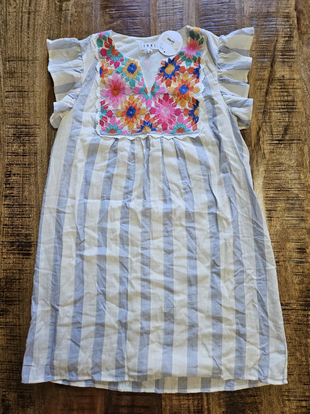 THML Striped Mini Dress with Bright Floral Embroidery - Light Blue/White, Small